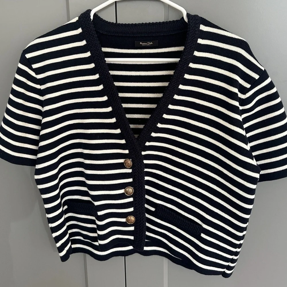 Massimo Dutti Navy Blue and Cream Striped Knit Cardigan! - Picture 2 of 7